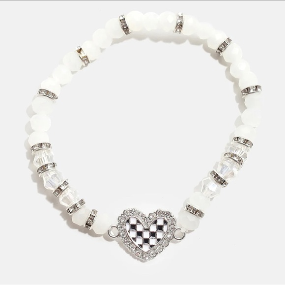 NWOT Checkered Heart Bead Bracelet in white & silver 💖 - Picture 1 of 3